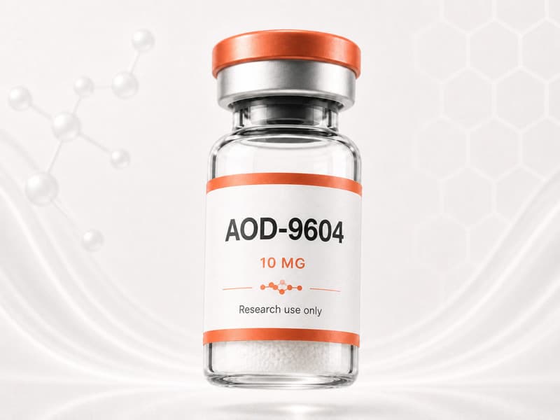 Fiole de AOD-9604 pour fiche éducative Guide des Peptides