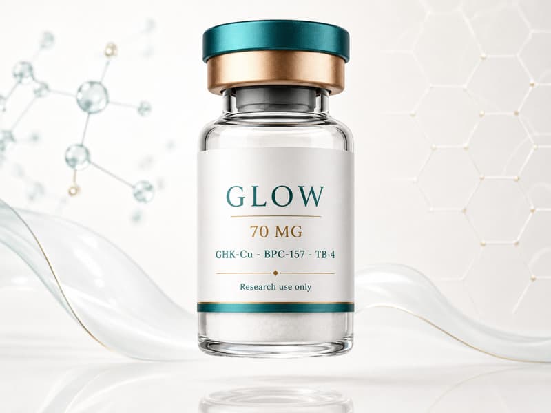 Fiole de GLOW pour fiche éducative Guide des Peptides